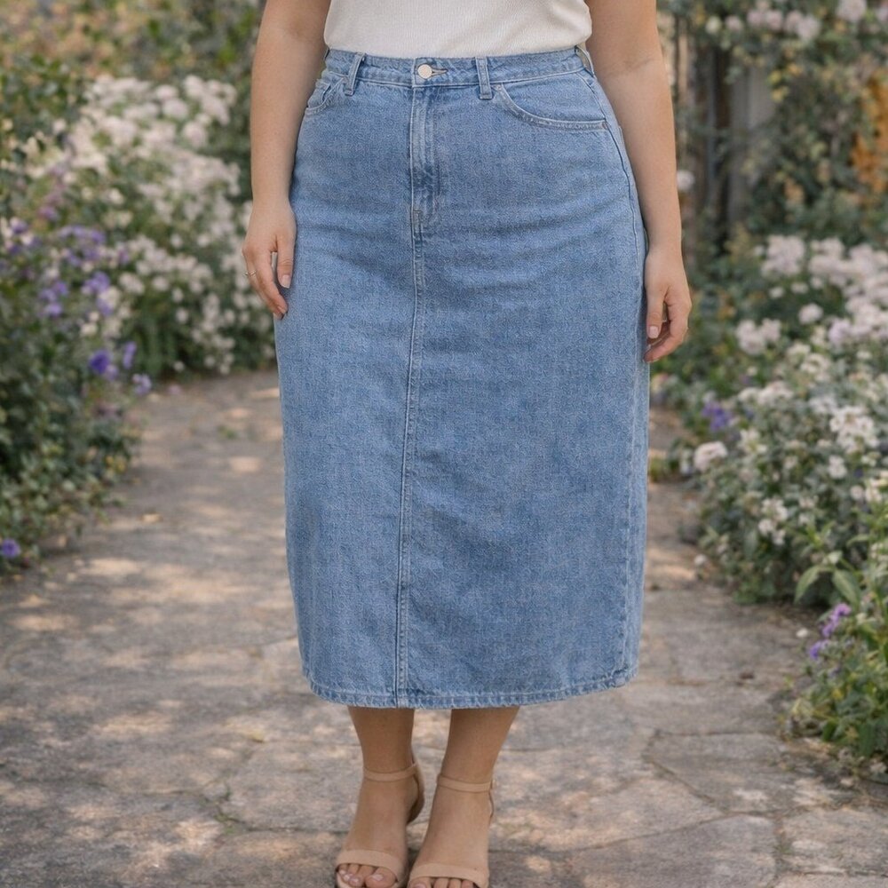 Vintage Reflect Jeans Denim Midi Skirt Size 18 High Waist Blue Jean Skirt